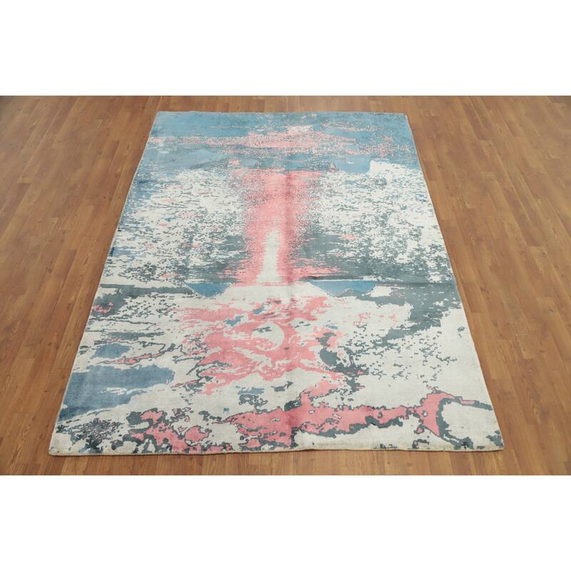 Hand Knotted Oriental Viscose Silk Carpet Modern Pictorial Multi-Colored Abstract Area Rug - 7' 11'' X 5' 8''