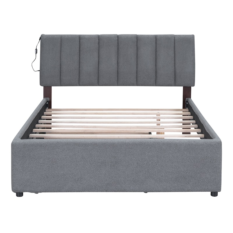Full Size Upholstered Platform Bed with Trundle and LED Bed Frame