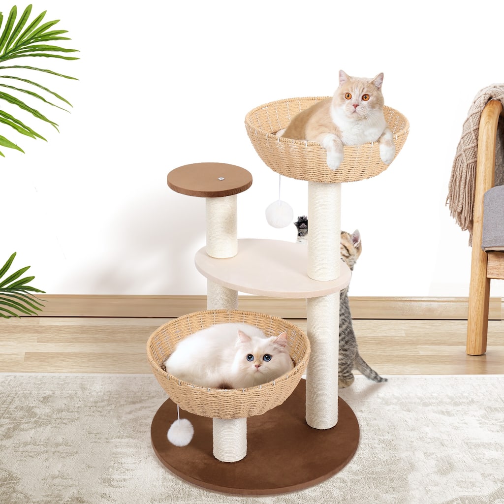 Lucky Monet Modern Cat Tree Tower 33.5”Boho Cat Tree for Large Indoor Cats - Beige