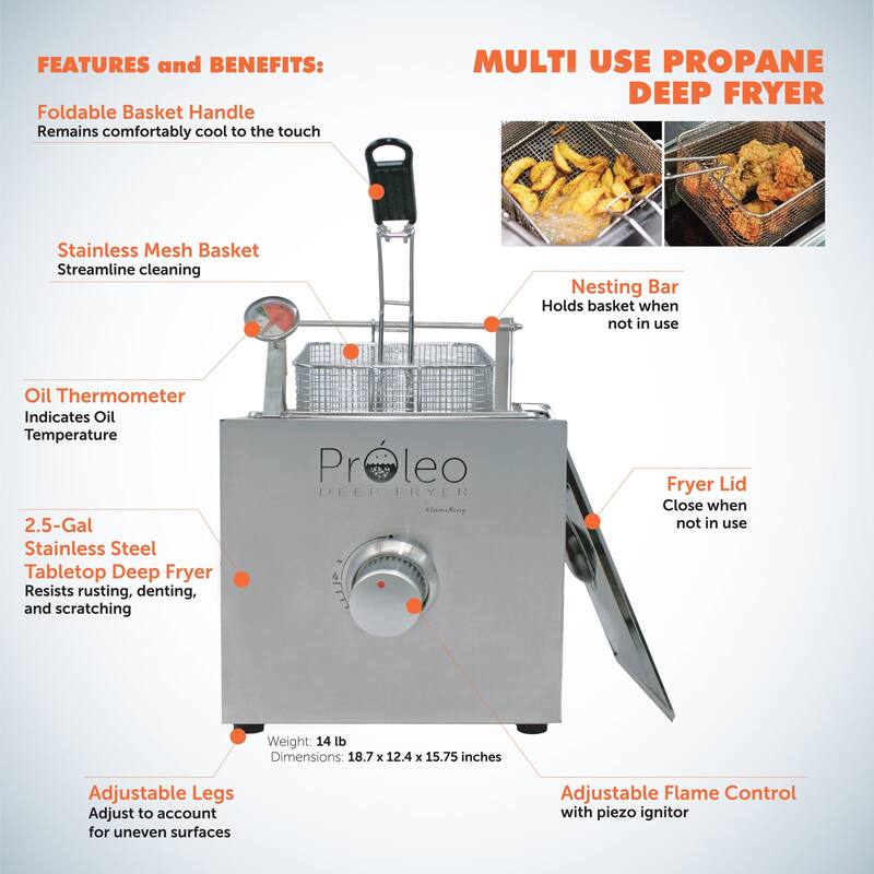 Flame King Proleo Tabletop Propane Deep Fryer with Oil Thermometer