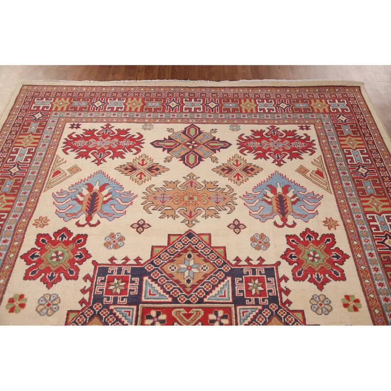Ivory Geometric Kazak Area Rug Hand-Knotted Wool Carpet - 6'9" x 9'10"