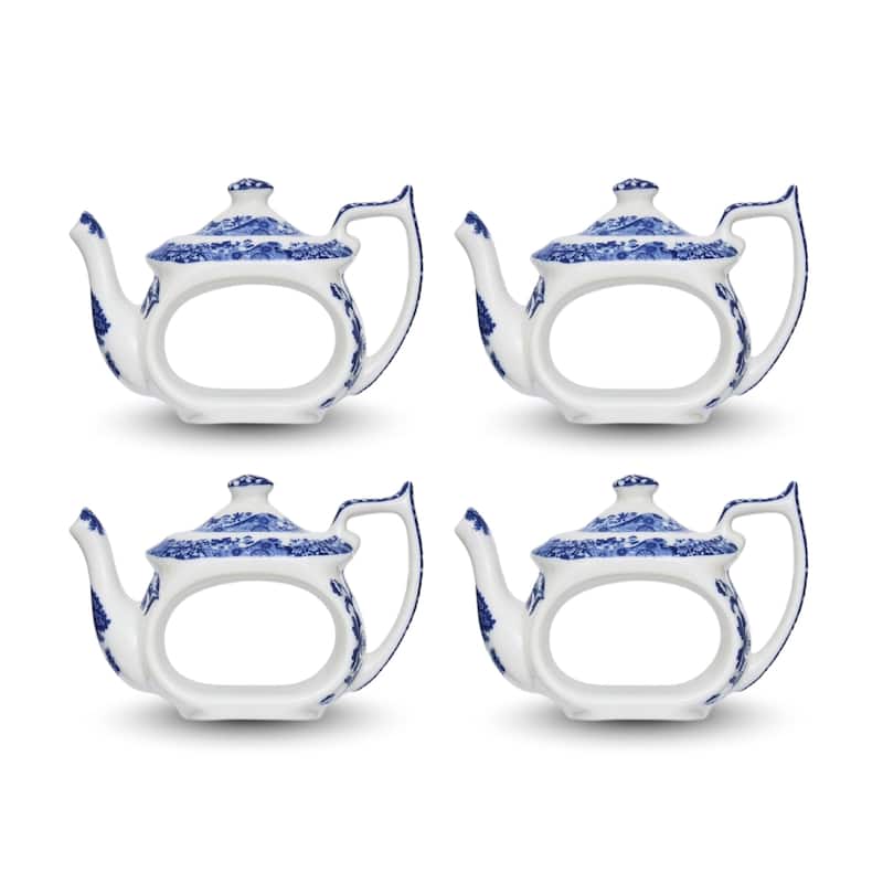 Spode Set of 4 Blue Italian Teapot Napkin Rings - 2.5" - 2.5"