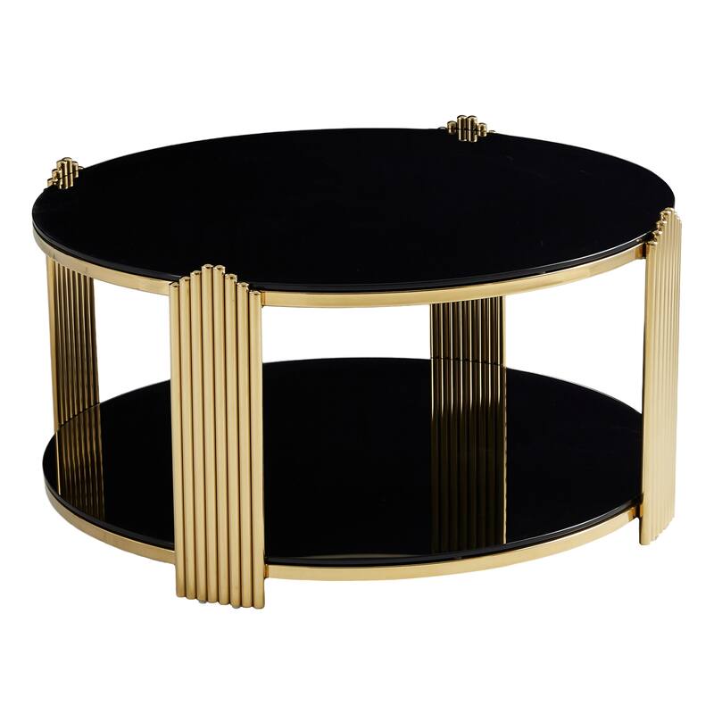 35" Modern Round Coffee Table with Double-Layer Black Glass & Gold Frame, Easy Assembly