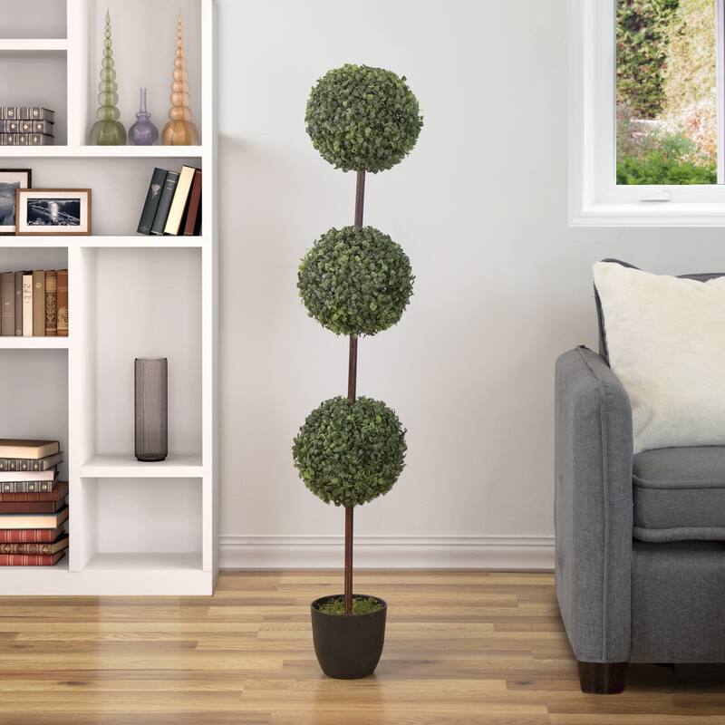 4' Artificial Two-Tone Boxwood Triple Ball Topiary Tree with Round Pot Unlit - 7.5