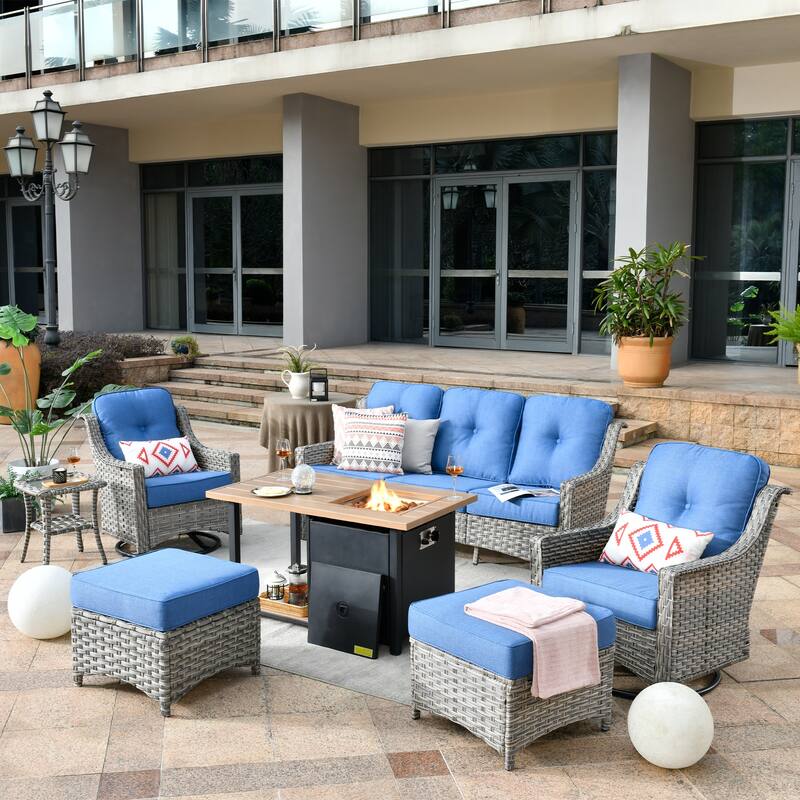 OVIOS 7 Pieces Outdoor Wicker Curved Swivel Chair Set With Fire Table