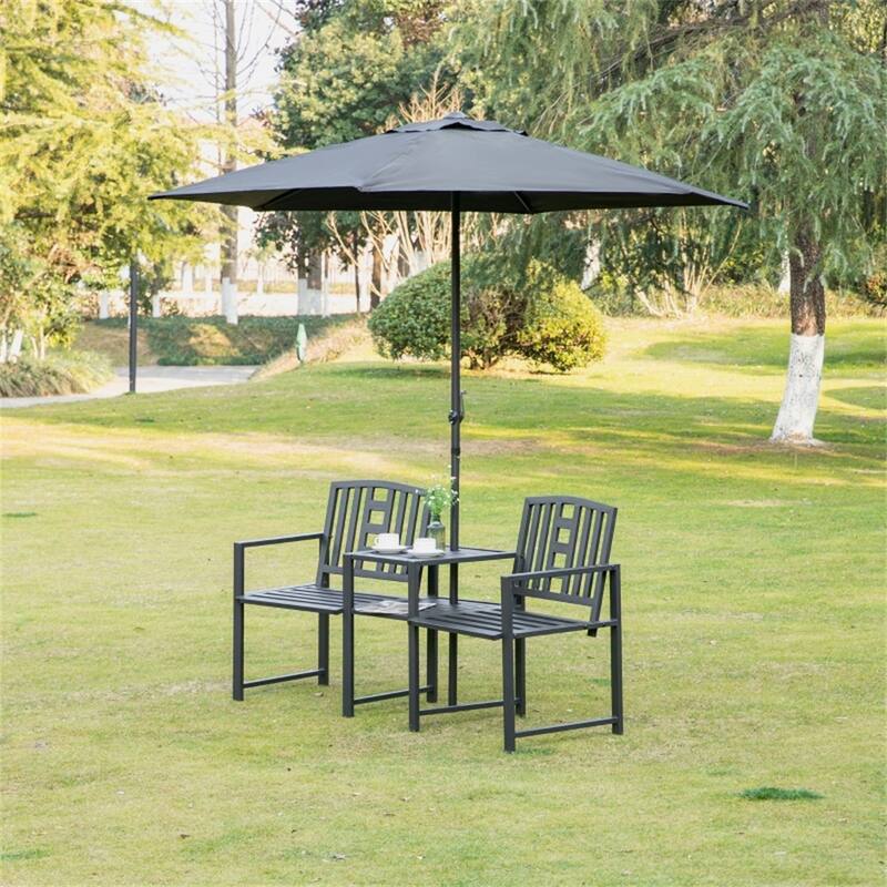 Outdoor Black Metal Garden Loveseat with Tea Table Two Seat Patio Bench for Backyard Porch and Patio - 65" L x 24" W x 33.75" H