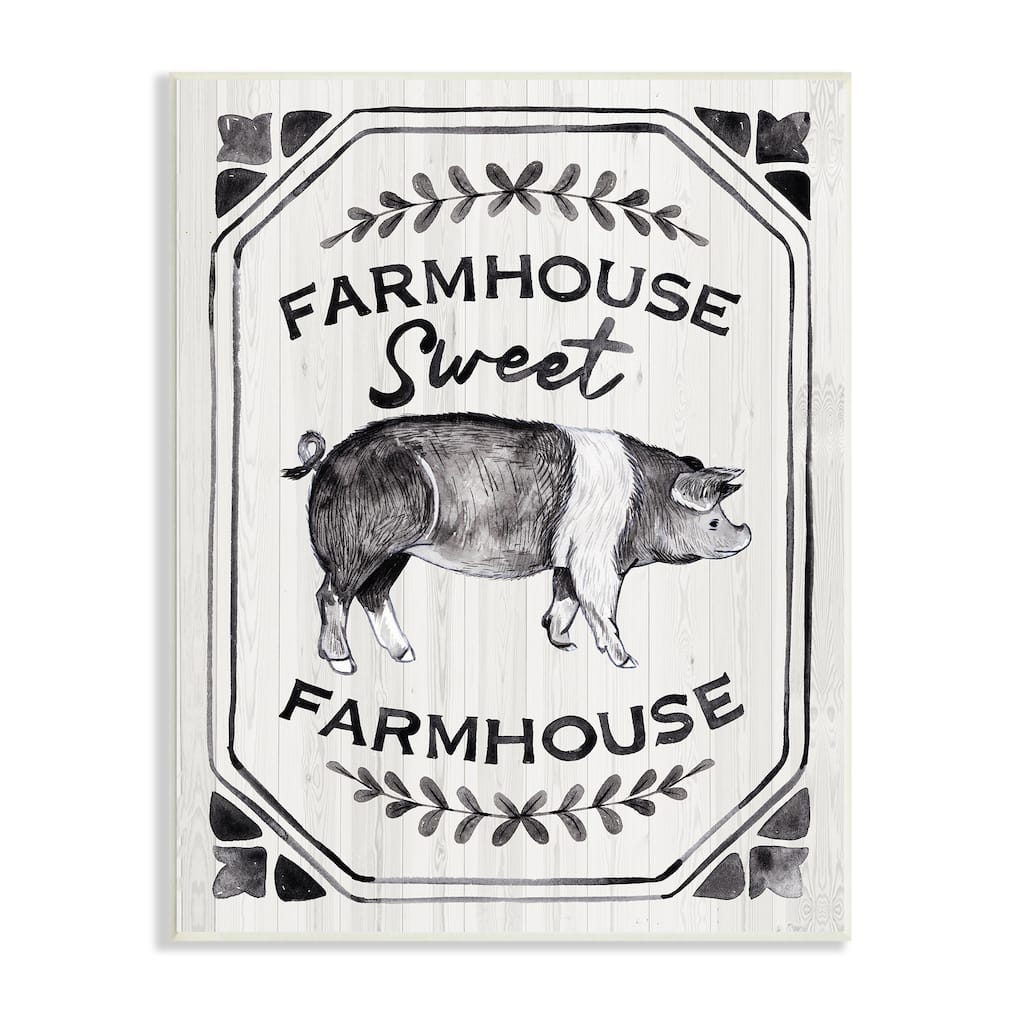 Stupell Farmhouse Sweet Farmhouse Sign Vintage Farm Pig Illustration Wood Wall Art - Grey