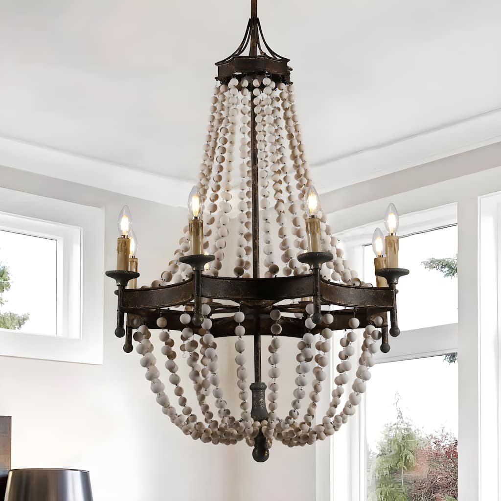 8 - Light Wood Beaded Classic French Country Chandelier