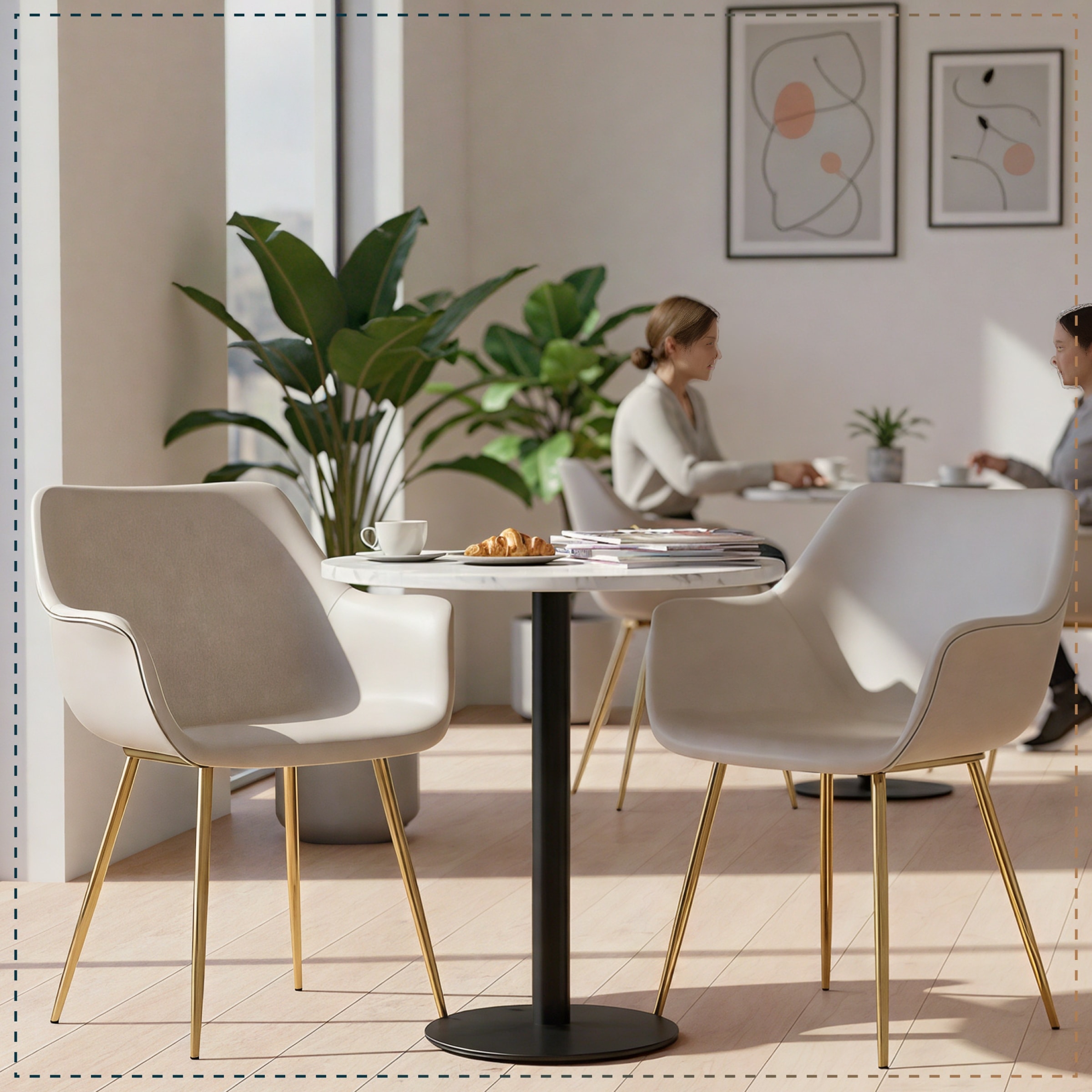 Markley Set of 2 Leather Dining Chairs, Modern Bucket Seat with Gold Metal Tapered Legs
