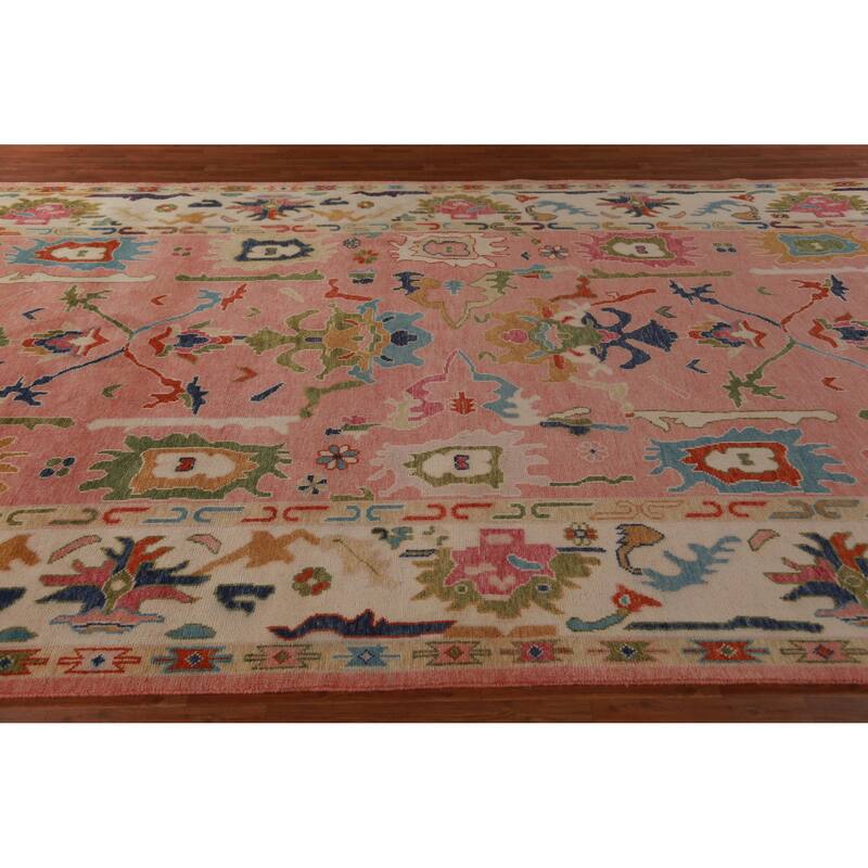 Pink Ivory Oushak Indian Large Rug Handmade Wool Carpet - 8'9" x 17'9"