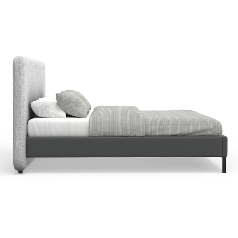 Modern Platform Bed - Grey Linen Headboard & Faux Leather Footboard - Metal Leg Bed Frame - 74" Wide