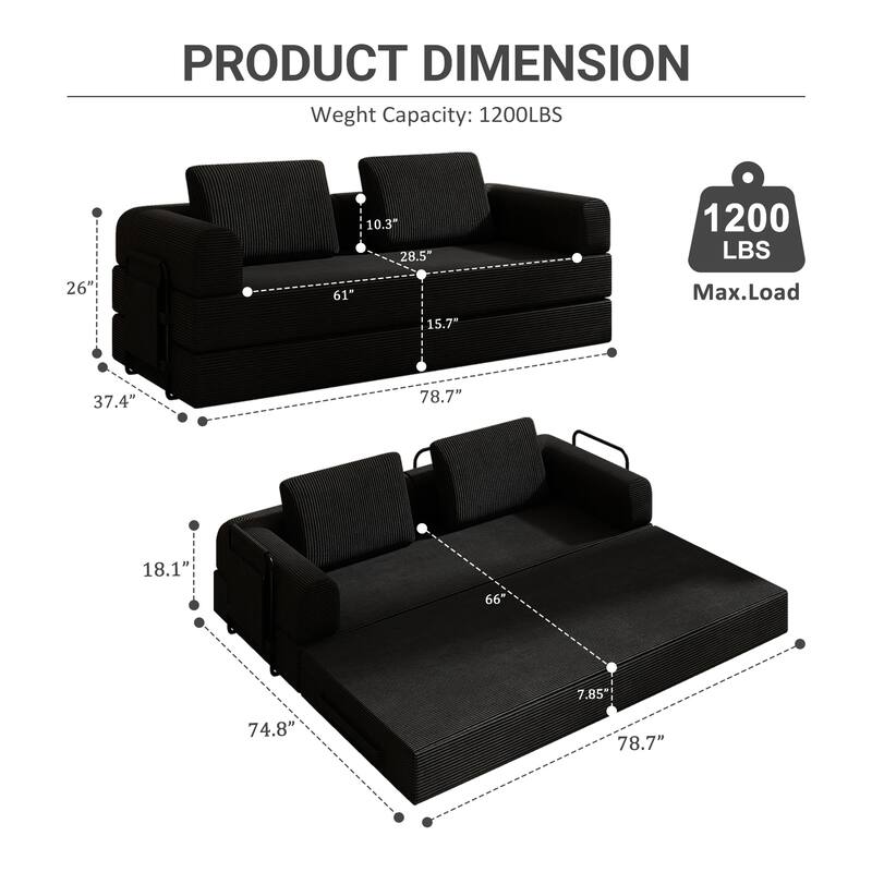 Convertible Sleeper Sofa Bed with Cylindrical Pillow - Corduroy Folding Mattress Couch with Fixed-Shape Frame
