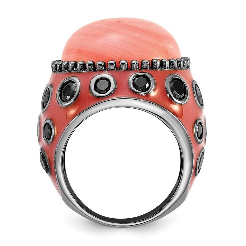 Curata Black Plated 925 Sterling Silver Enameled Red Simulated Coral and Cubic Zirconia Ring
