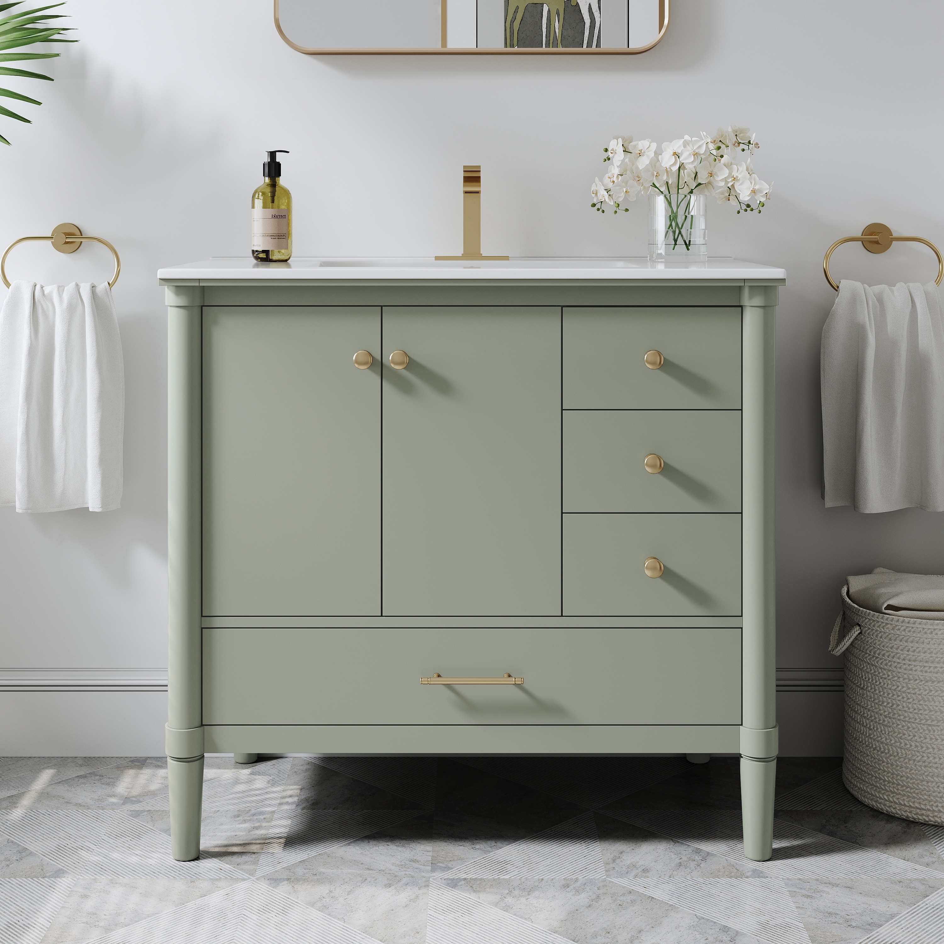 34.1" H Solid Wood Vanity with cUPC Ceramic Sink, Soft-Close Hinges, and Gold Anodized Aluminum Handles