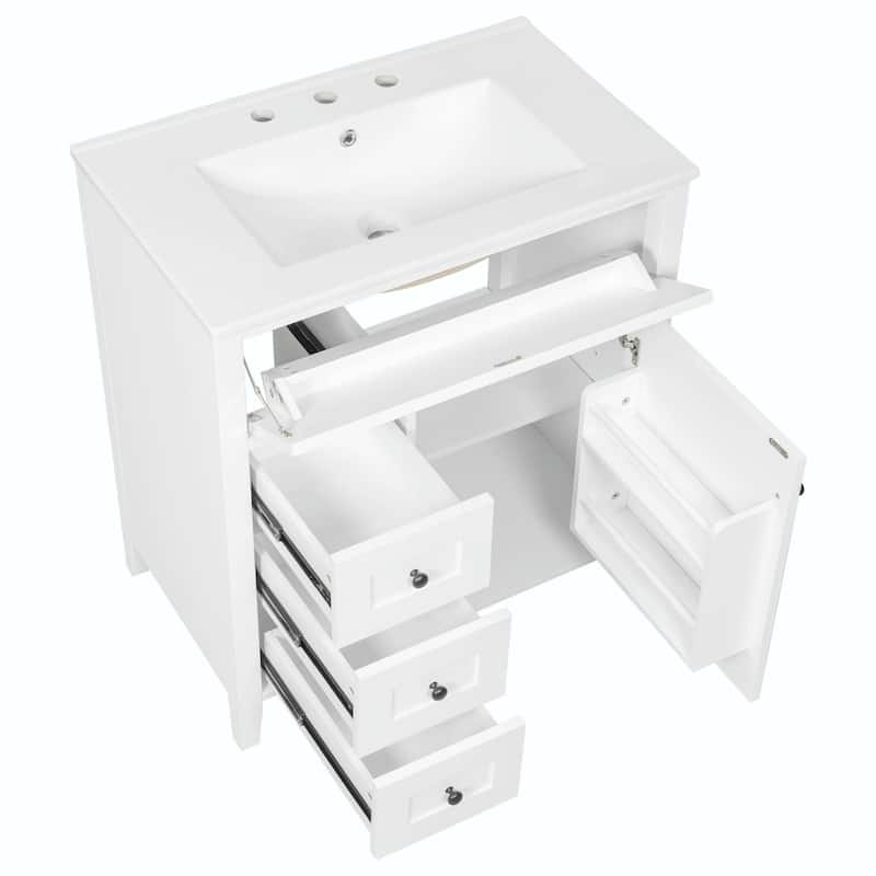 Bathroom Vanity with Sink, Modern MDF and Rubberwood Cabinet with 3 Drawers and Adjustable Shelf