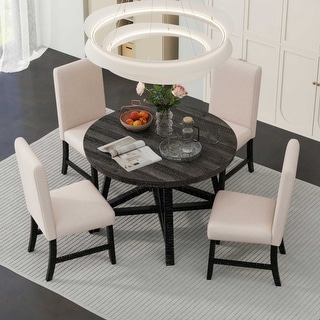5-Piece Retro Functional Dining Set with Extendable Round Table with ...