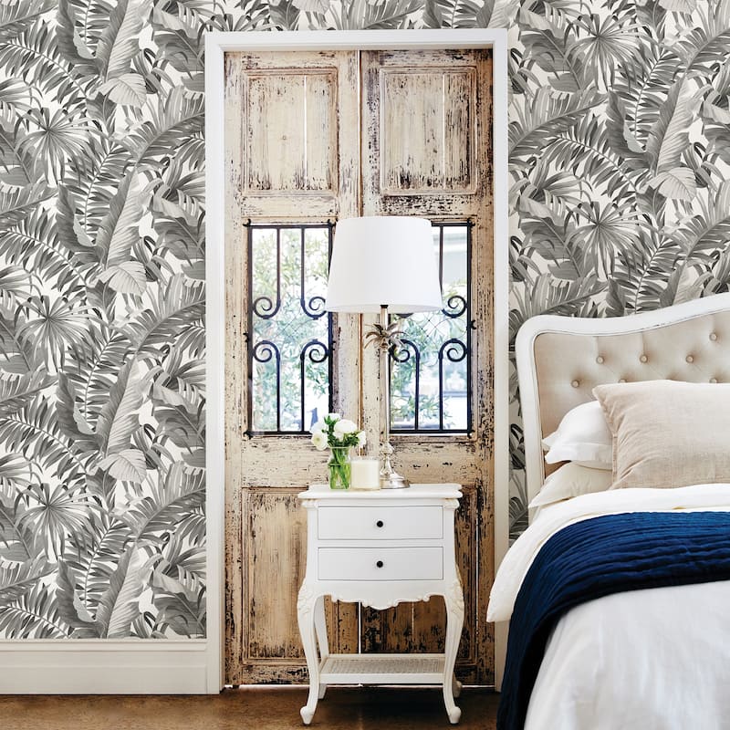 A-Street Prints Alfresco Grey Tropical Palm Wallpaper