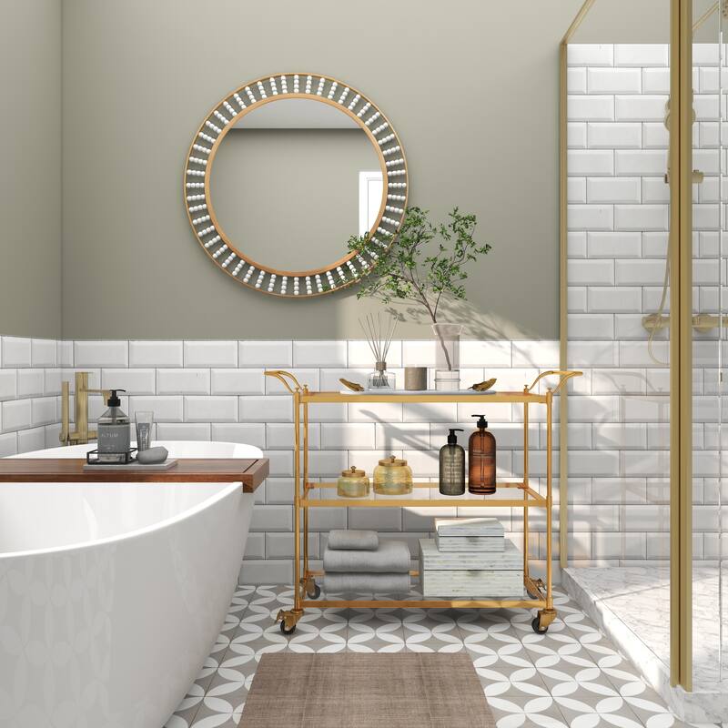 Brass Metal Rolling 3 Glass Shelves Bar Cart with Lockable Wheels