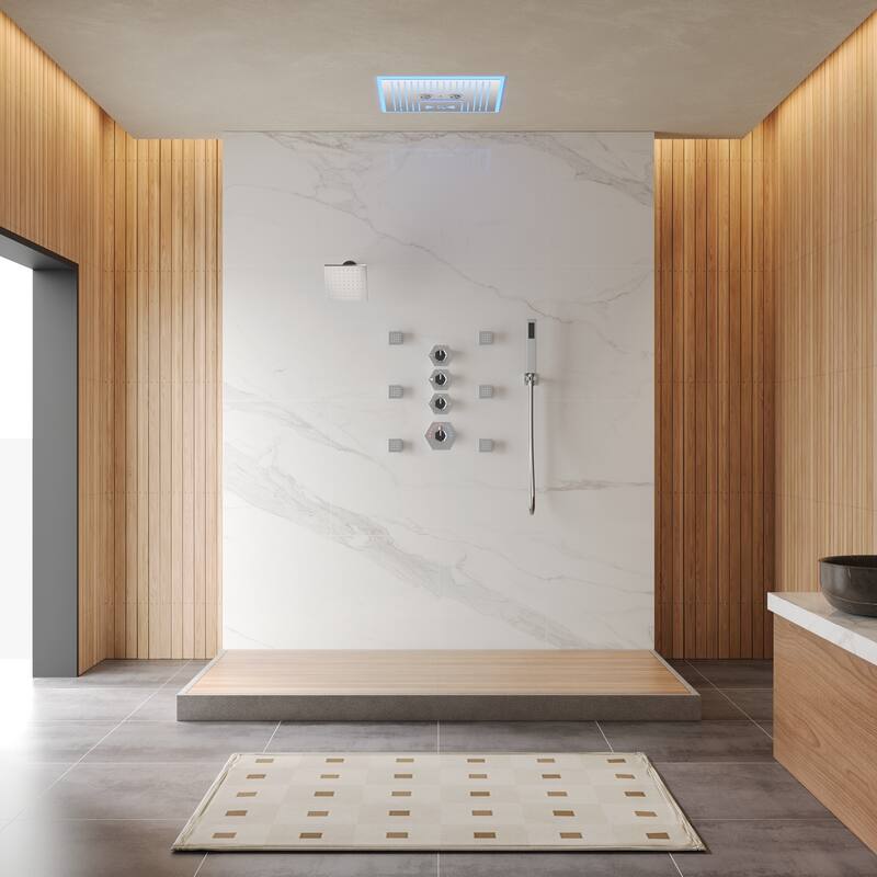 Shower Faucet Set Dual Heads with 3 Spray Modes 16" Ceiling and 6" Wall Mount Body Jets Handheld Spray LED Music