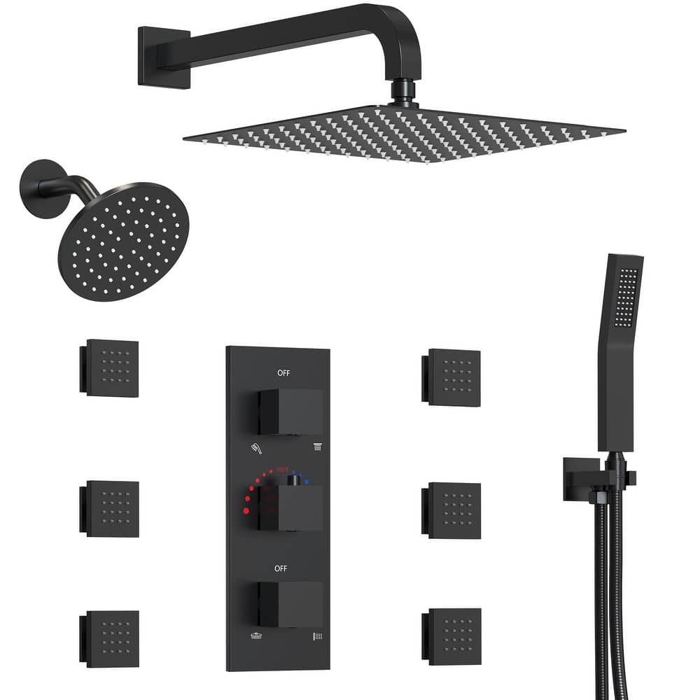 4-Functions Thermostatic Shower System, Wall Mount Shower Faucet Set 12" & 6" Dual Shower Head with 6 Body Jets
