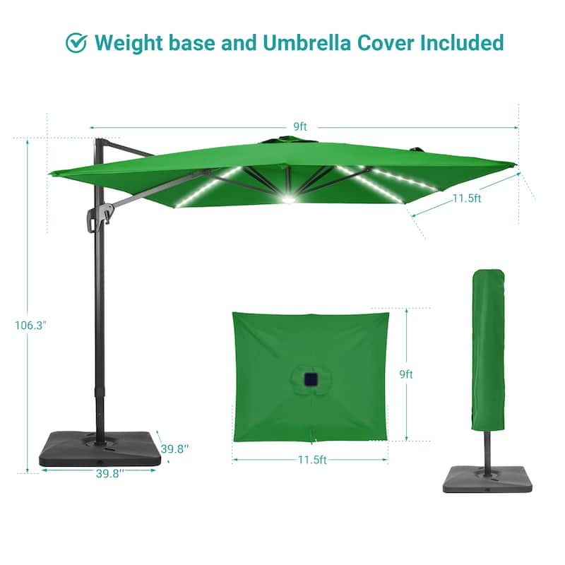 BONOSUKI 11.5x9FT LED Cantilever Patio Umbrella 360 Rotation w/Base