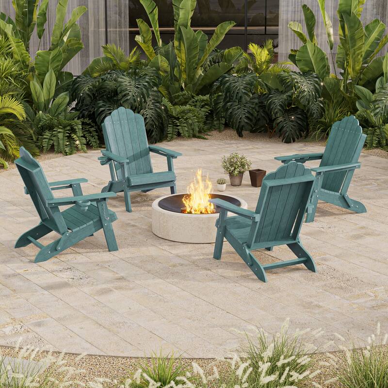 HDPE All-Weather Folding Adirondack Chair with Cup Holder - 4-Piece - LakeBlue
