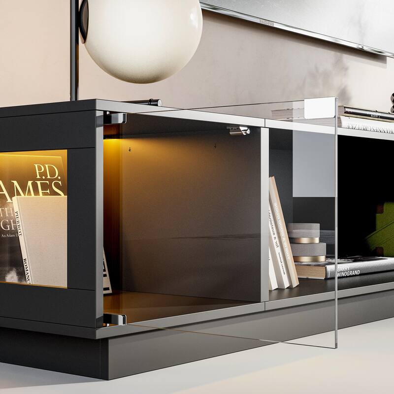 Modern Black Fireplace TV Stand Combo,Remote Fireplace Heater,2 Drawers,Light Strip & USB