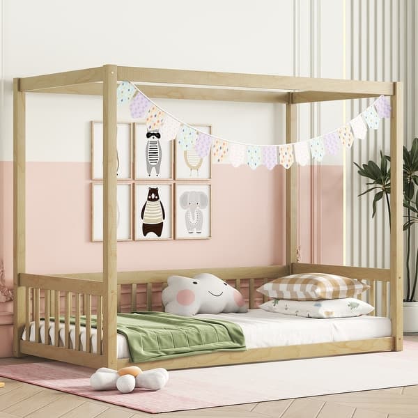 slide 2 of 10, Natural Twin Size Pine Wood Canopy Frame Floor Bed with Fence and Guardrails for Bedroom Twin - Natural