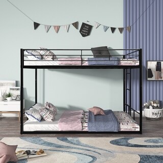 Twin over Twin Size Steel Bunk Bed with Fence and Ladder for Kids, Boys and Girls