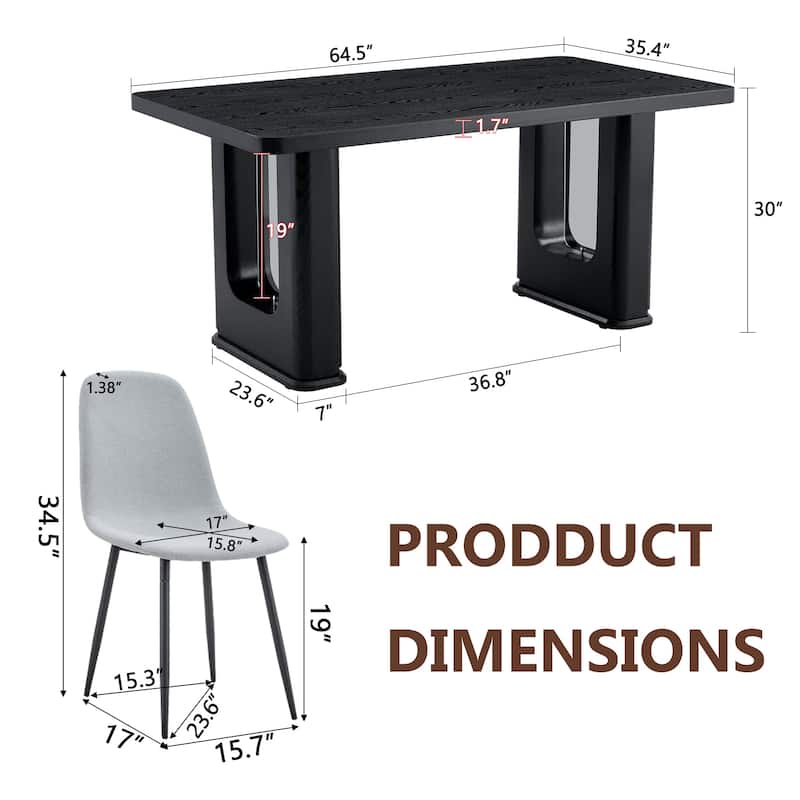 7-Piece Modern Dining Table Set, 64.5x35.4 Inch Textured Wood Table & 6 High-Resilience Fabric Chairs with Metal Legs