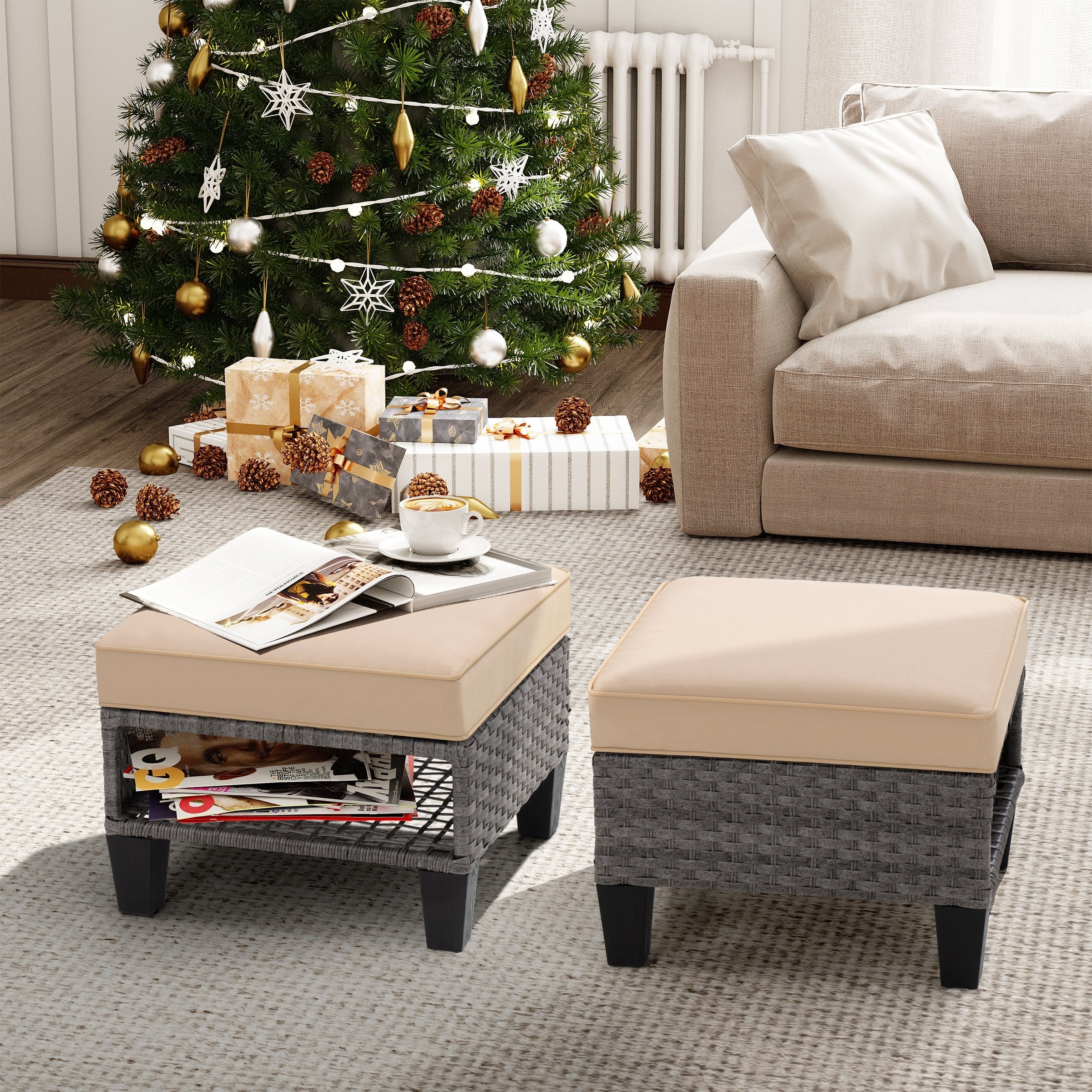 Outdoor Patio Square Rattan Storage Ottomans Set (Set of 2)-image