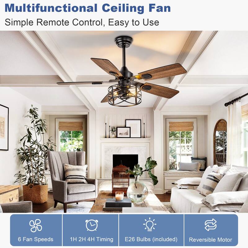 42-52Inch Caged Ceiling Fans with Lights: Dual Finish 5 Blades - Rustic with Remote Control (E26 Bulb Included)