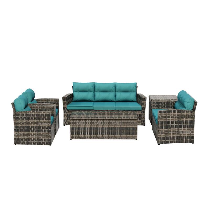 Wess 6-Piece Outdoor Patio Conversation Set with Storage and Cushions - Turquoise