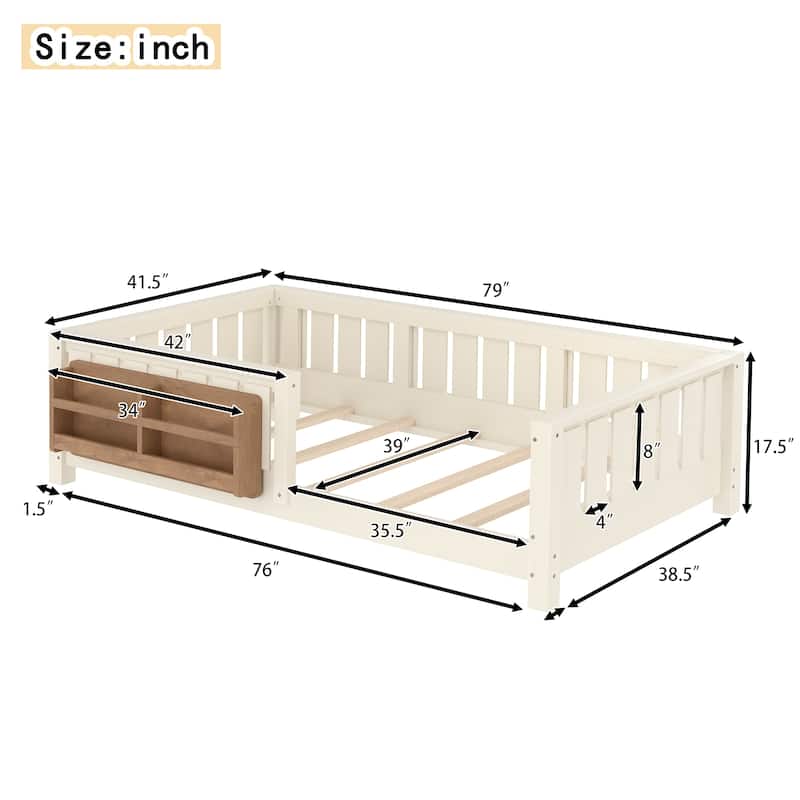 Low Profile Montessori Bed Floor Platform Bed with Fence and Bookshelf
