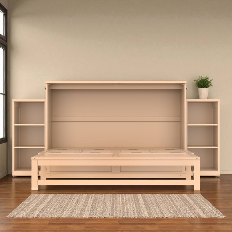 Full/Queen Size Murphy Bed with Storage Drawers and Shelves, Space-Saving Foldable Wall Bed for Guest Room
