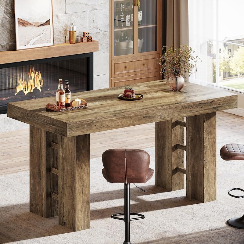 63-Inch Farmhouse Long Bar Table, Wood Rectangular Counter Height Pub Table for Kitchen, Dining Room, Living Room - Brown