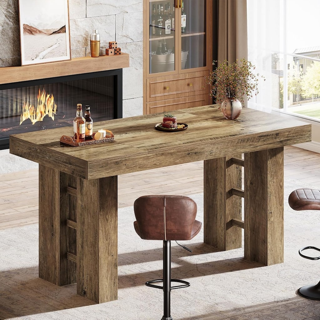 63-Inch Farmhouse Long Bar Table, Wood Rectangular Counter Height Pub Table for Kitchen, Dining Room, Living Room