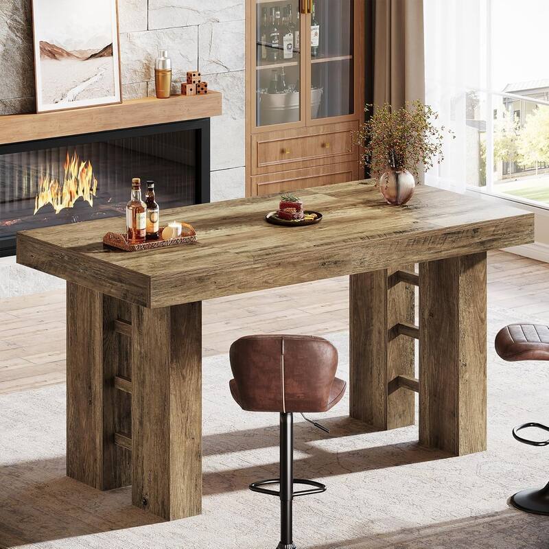63-Inch Long Wood Bar Table, Farmhouse Rectangular Counter Height Pub Table for Kitchen, Dining Room, Living Room