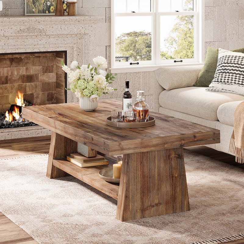 2-Tier Solid Wood Coffee Table for Living Room, Farmhouse Style - 47.24" L x 23.62" W x 19.68" H