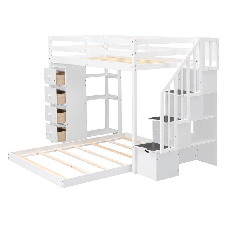 Space-Saving Twin Over Full Bunk Bed with Shelves, Drawers, and Storage Stairs in White