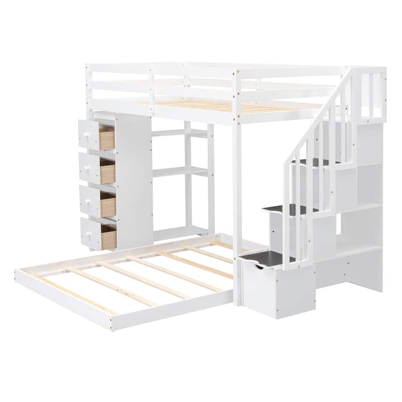 Twin Over Full Bunk Bed Frame with Built-In Shelves, Storage Stairs, Bottom Floor Bed with Pull-out Drawers, Wooden Loft Bed