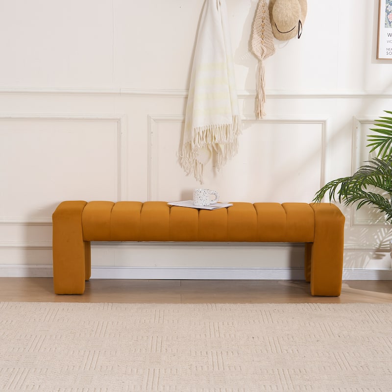 Upholstered Bedroom Bench Tufted Entryway Bench Modern End of Bed Bench Dining Bench with Gold/Black Metal Legs for Window - 59.5" Wide - Brown