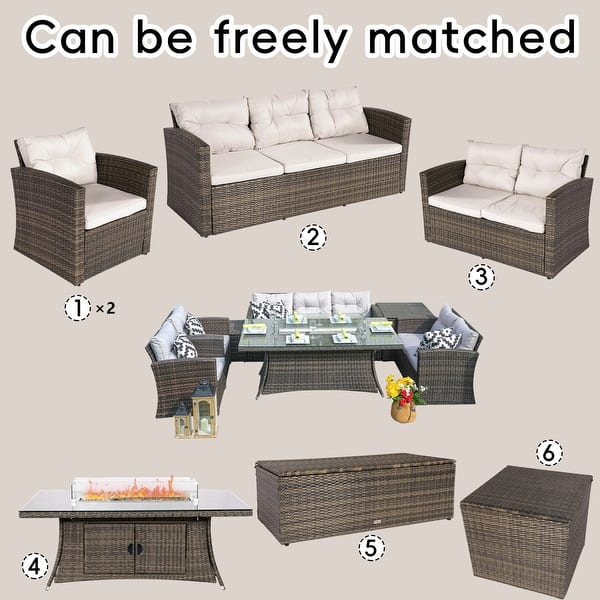 dimension image slide 0 of 2, Abrihome 7-piece Patio Outdoor Wicker Sofa Set with Fire Pit Table