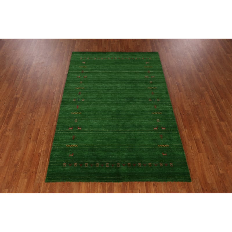 Green Gabbeh Indian Rug Handmade Wool Carpet - 5'1" x 7'8"