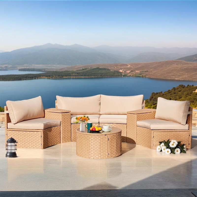 AVAWING 7 Pieces Half Moon Patio Conversation Set PE Wicker Sectional Sofa - Khaki