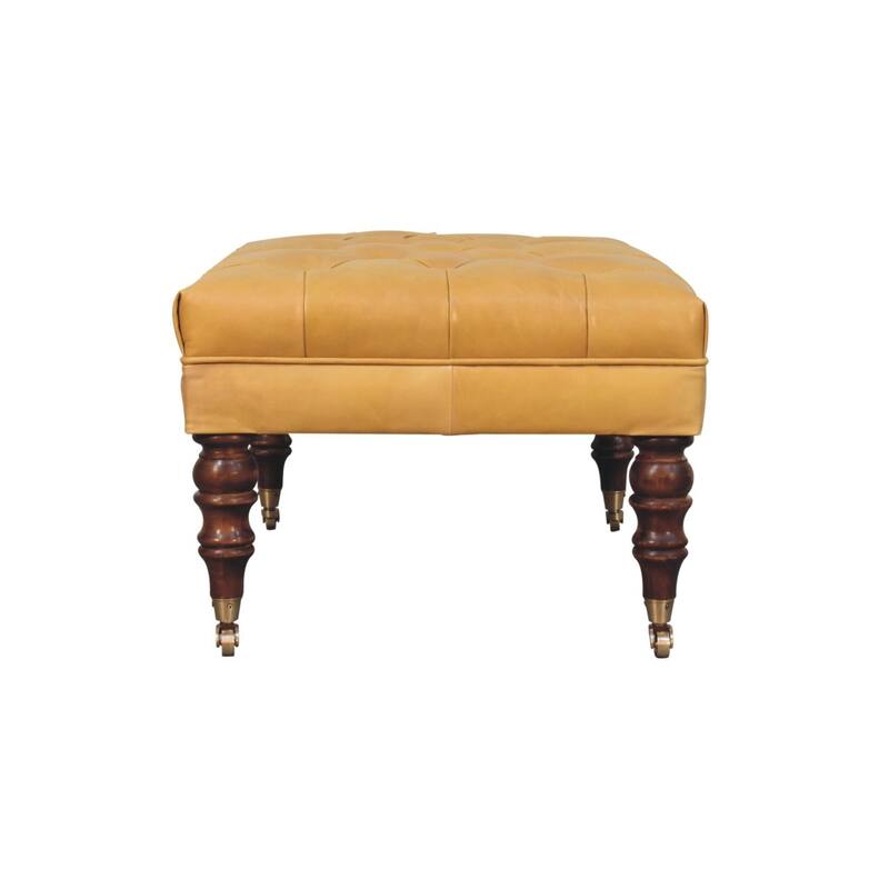 Artisan Furniture Solid Wood Honey Caramel Buffalo Ash Black Leather Ottoman with Castor Legs