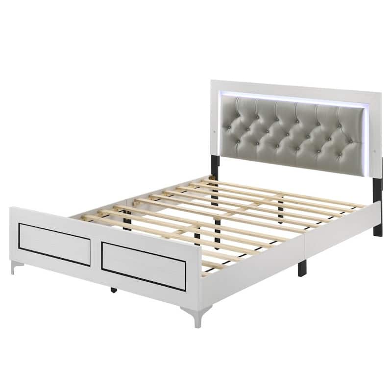 Contemporary King Size Platform Bed with LED Light Headboard, Gray PU Upholstered