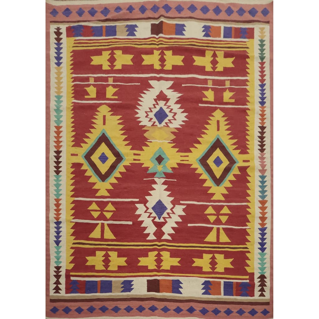 Hand Woven Oriental 100% Wool Carpet Southwestern Tribal Oranges & Rust Kilim Area Rug - 9' 7'' X 8' 2''