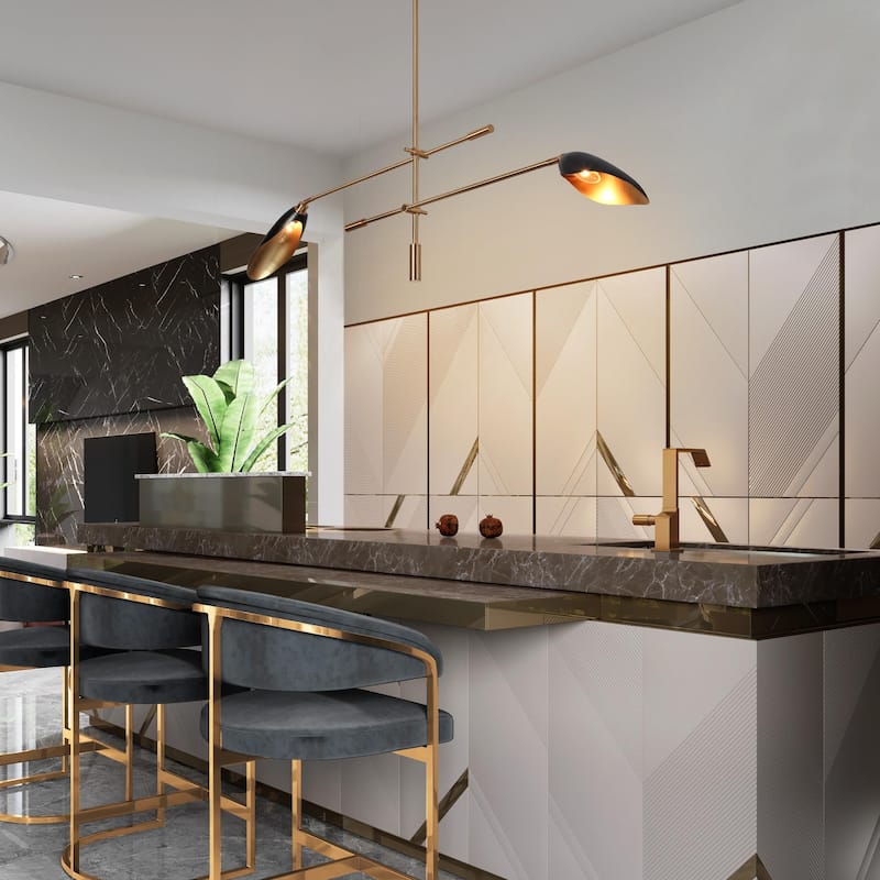 2-Light Unique Modern Linear Black Gold Chandelier Metal Island Lights for Dining Room - L 58" x W 4.4" x H 14"