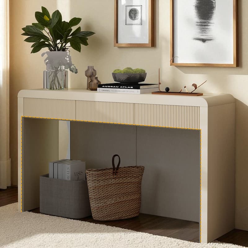 Rustic 55" Console Table with 3 Fluted Drawers, Solid Wood Veneer Entryway Table for Hallway or Foyer